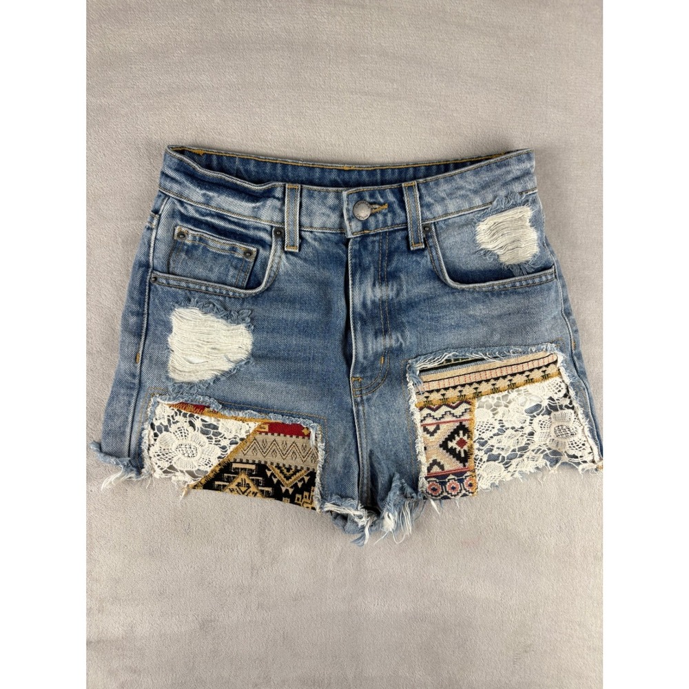 Carmar Los‎ Angeles Patchwork Lace Distressed Denim Shorts Boho Size 25